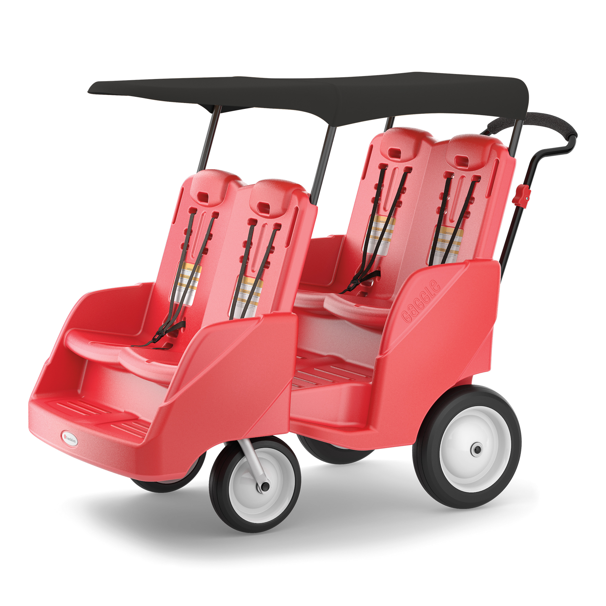 Red four-seater stroller with a black canopy