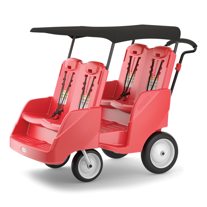 Red four-seater stroller with a black canopy