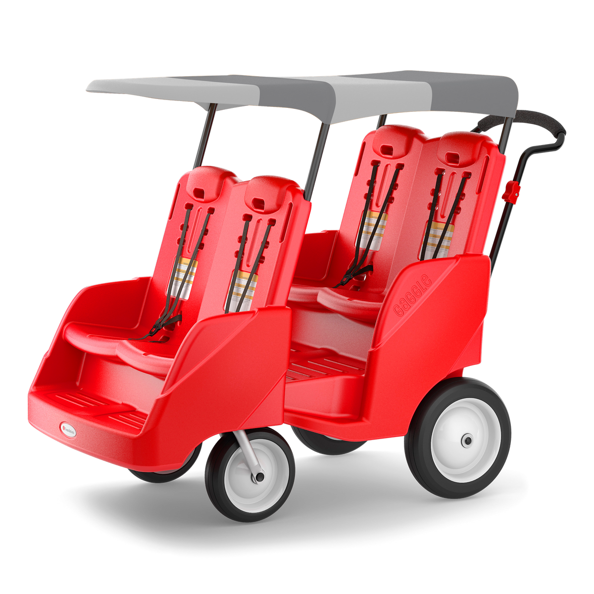 Red quad stroller with gray canopy 