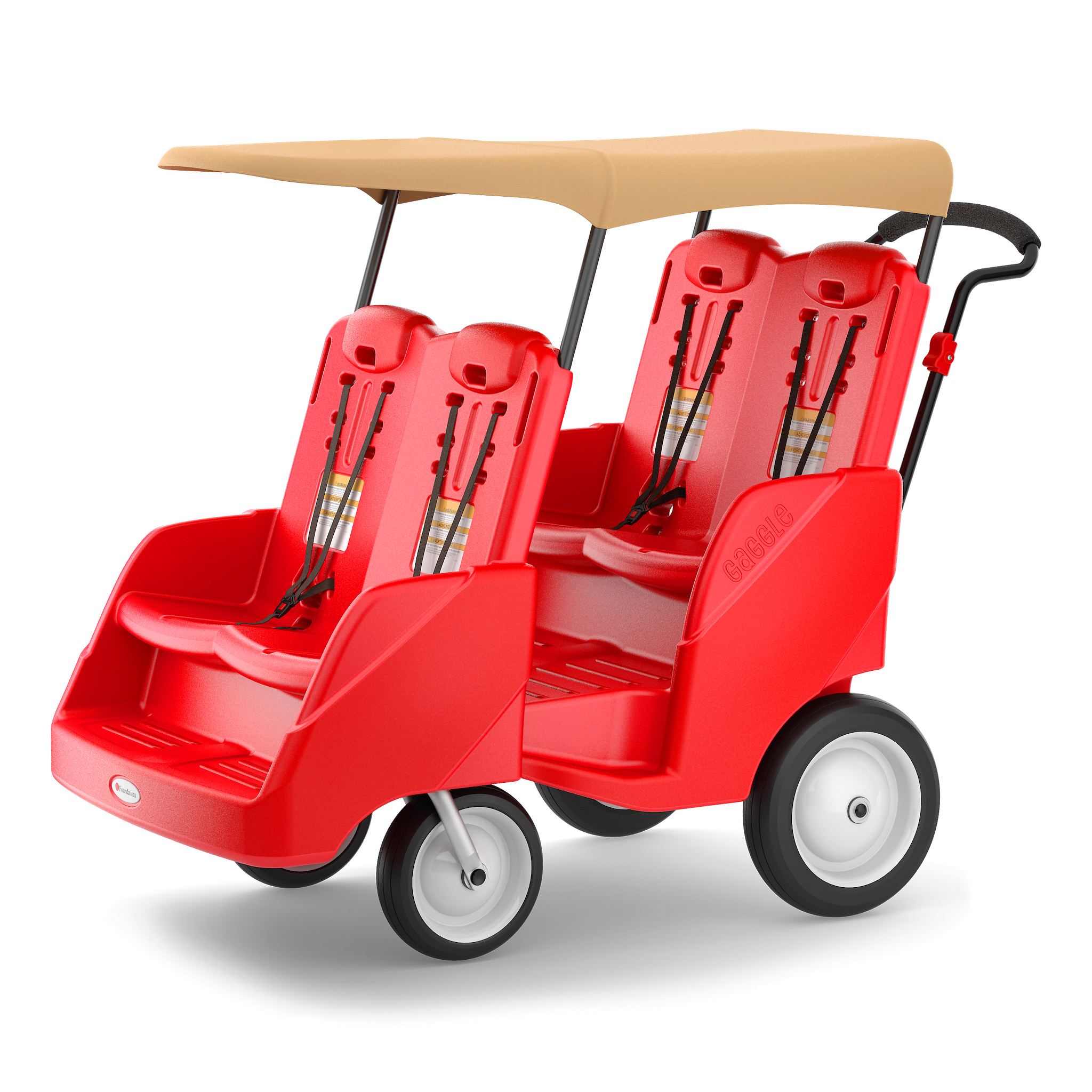 Red four-seater stroller with beige canopy 