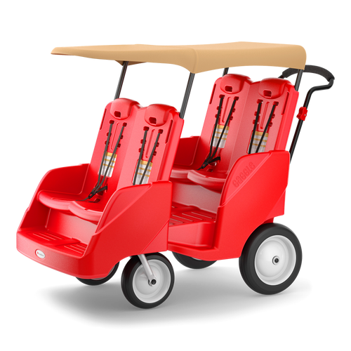 Red four-seater stroller with beige canopy 