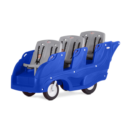 Blue and gray children's buggy with six gray seats 