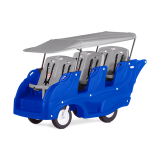 Blue buggy with six gray seats and canopy 