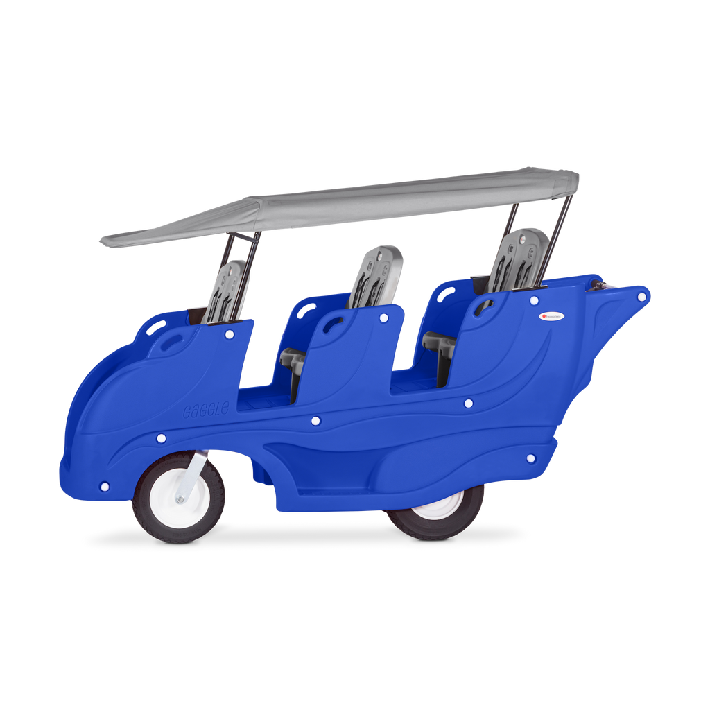 Blue children's vehicle with six seats and a gray canopy