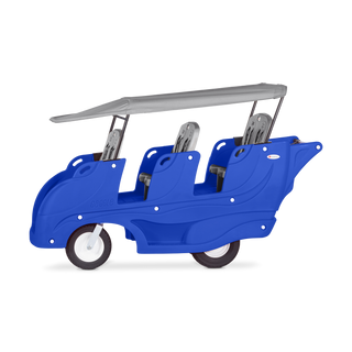 Blue children's vehicle with six seats and a gray canopy
