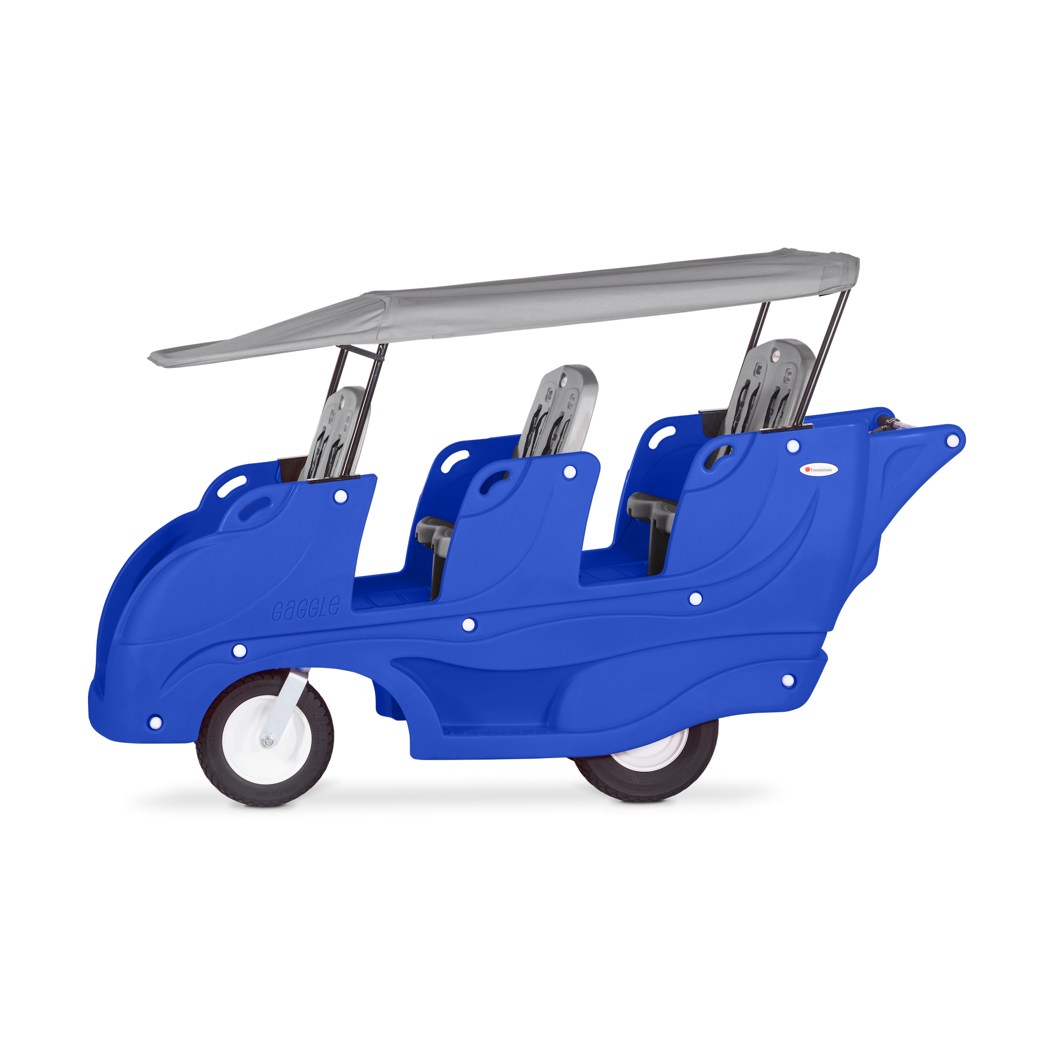 Blue children's vehicle with six seats and a gray canopy