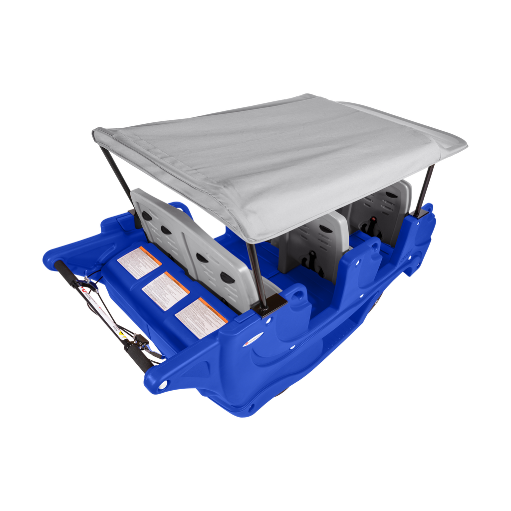 Top of grey and blue children's vehicle with gray canopy roof