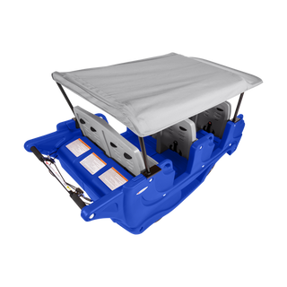 Top of grey and blue children's vehicle with gray canopy roof