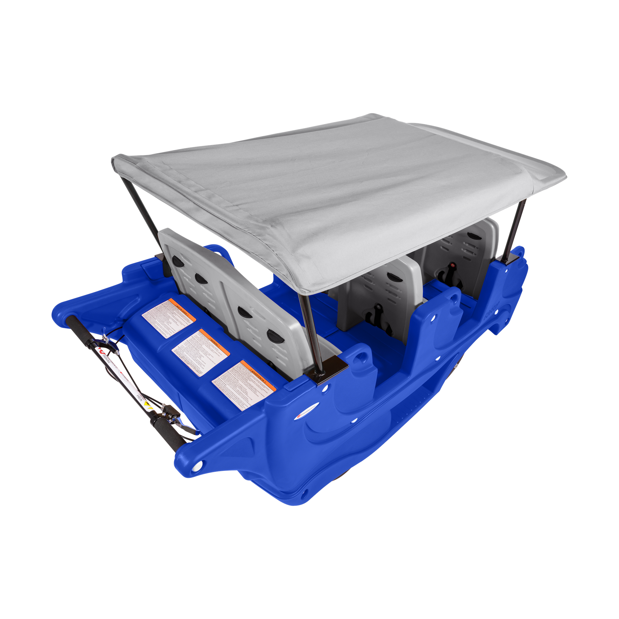 Top of grey and blue children's vehicle with gray canopy roof