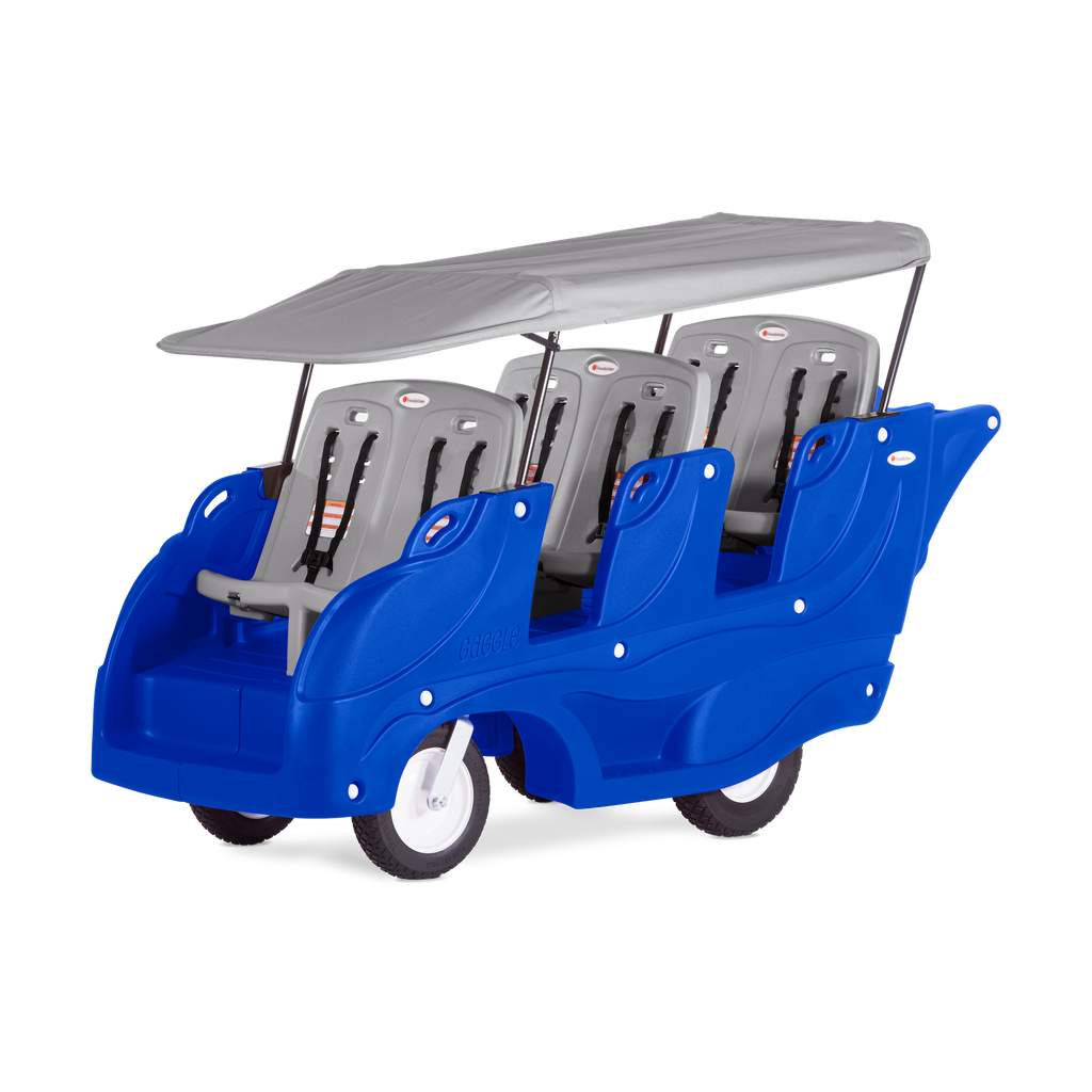 Blue children's vehicle with gray seats and canopy 