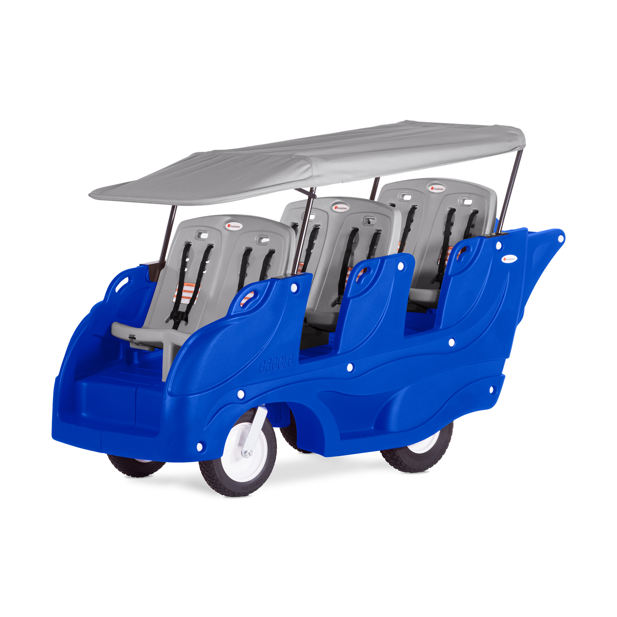Blue children's vehicle with gray seats and canopy 