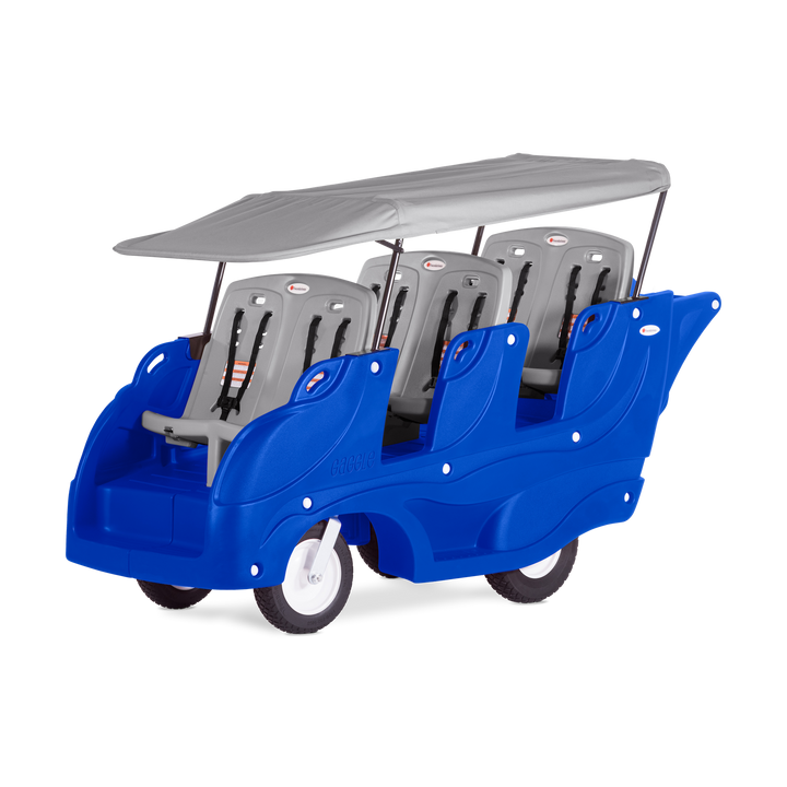 Blue children's vehicle with gray seats and canopy 