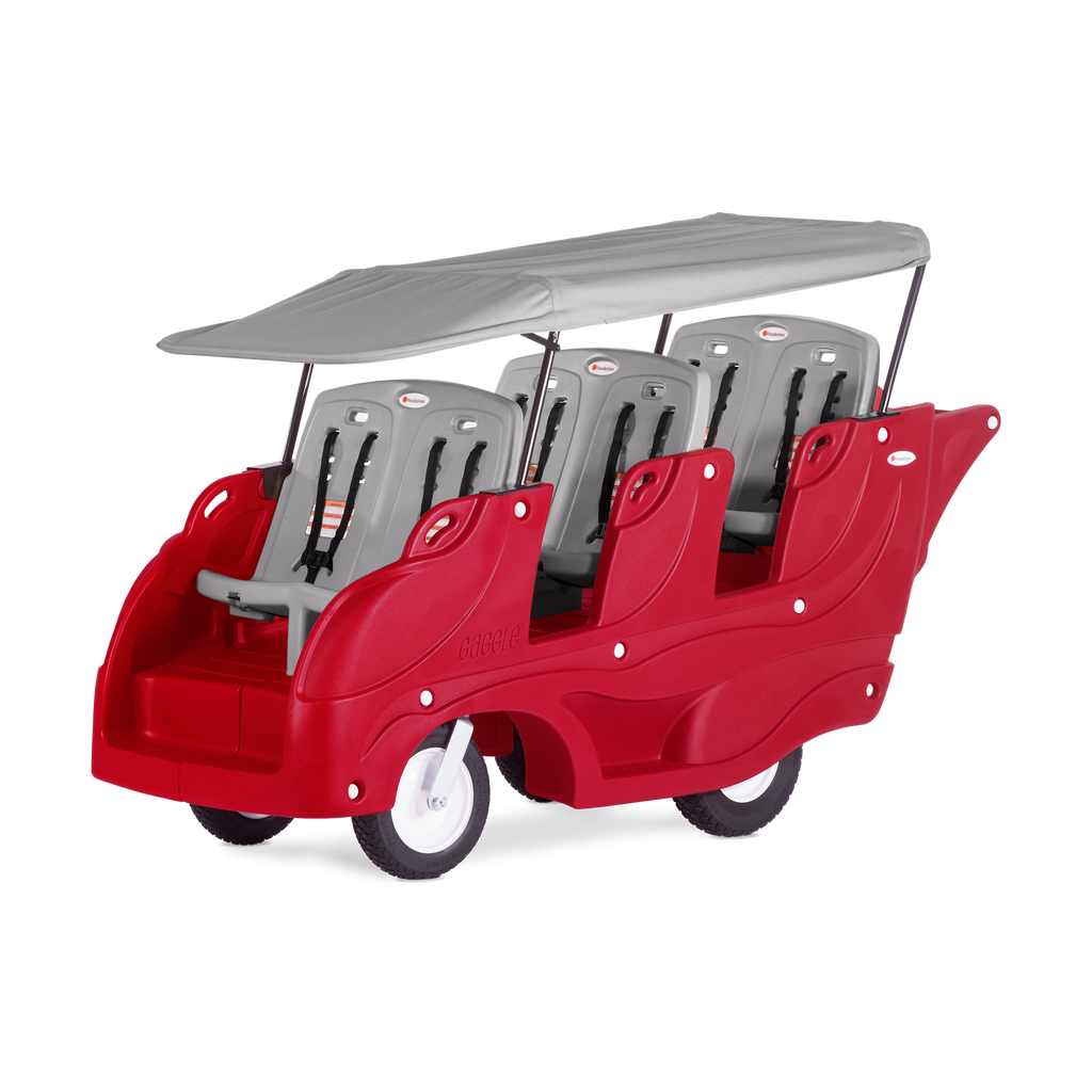 Red and gray children's vehicle with six seats and a gray canopy roof