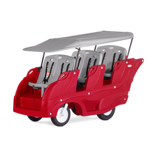 Red and gray children's vehicle with six seats and a gray canopy roof