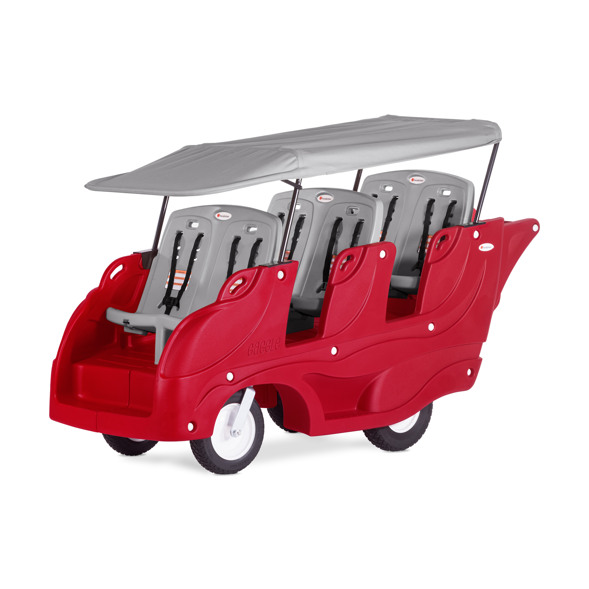 Red and gray children's vehicle with six seats and a gray canopy roof