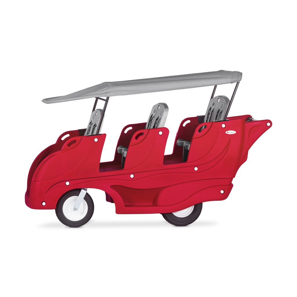 Red children's vehicle with six seats and a gray canopy
