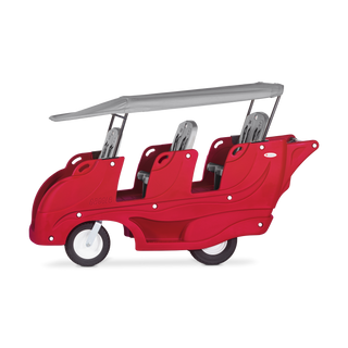 Red children's vehicle with six seats and a gray canopy