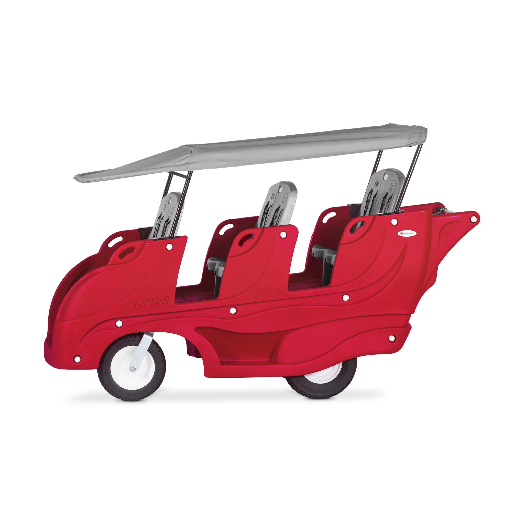 Red children's vehicle with six seats and a gray canopy