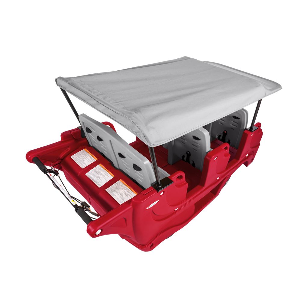 Top of red and gray childrens vehicle with a gray canopy roof