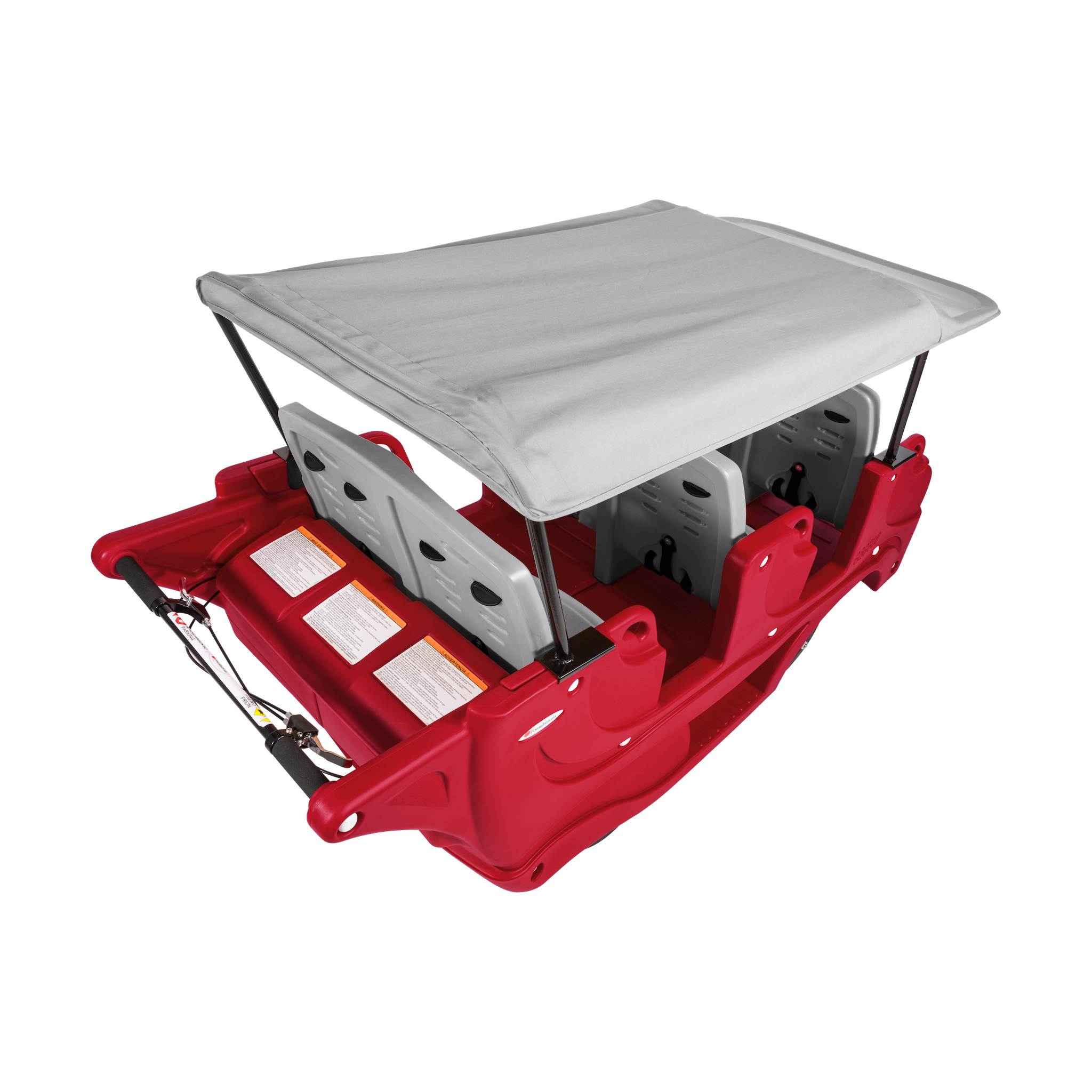 Top of red and gray childrens vehicle with a gray canopy roof