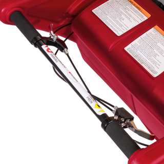 Close-up of a red 6 seat buggy handlebars and brakes