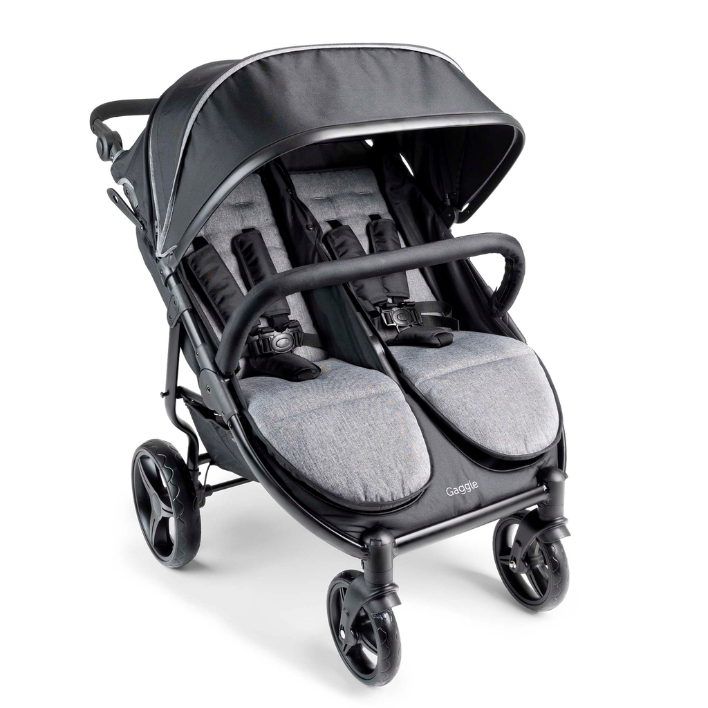 Double stroller with gray seats and canopy 