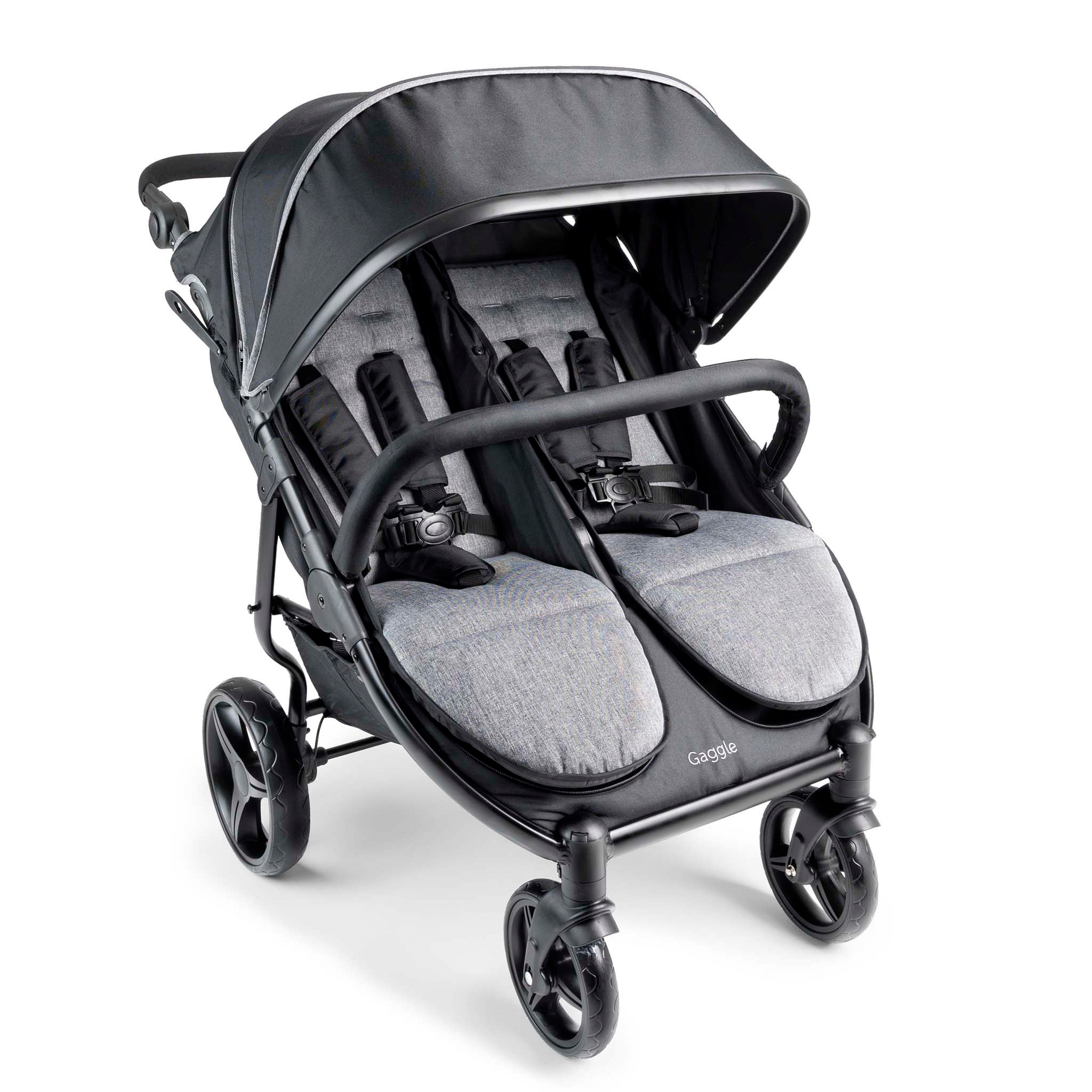 Double stroller with gray seats and canopy 
