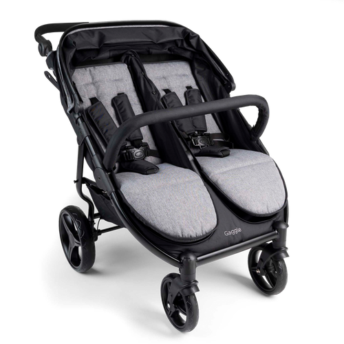 Black and gray stroller with canopy up