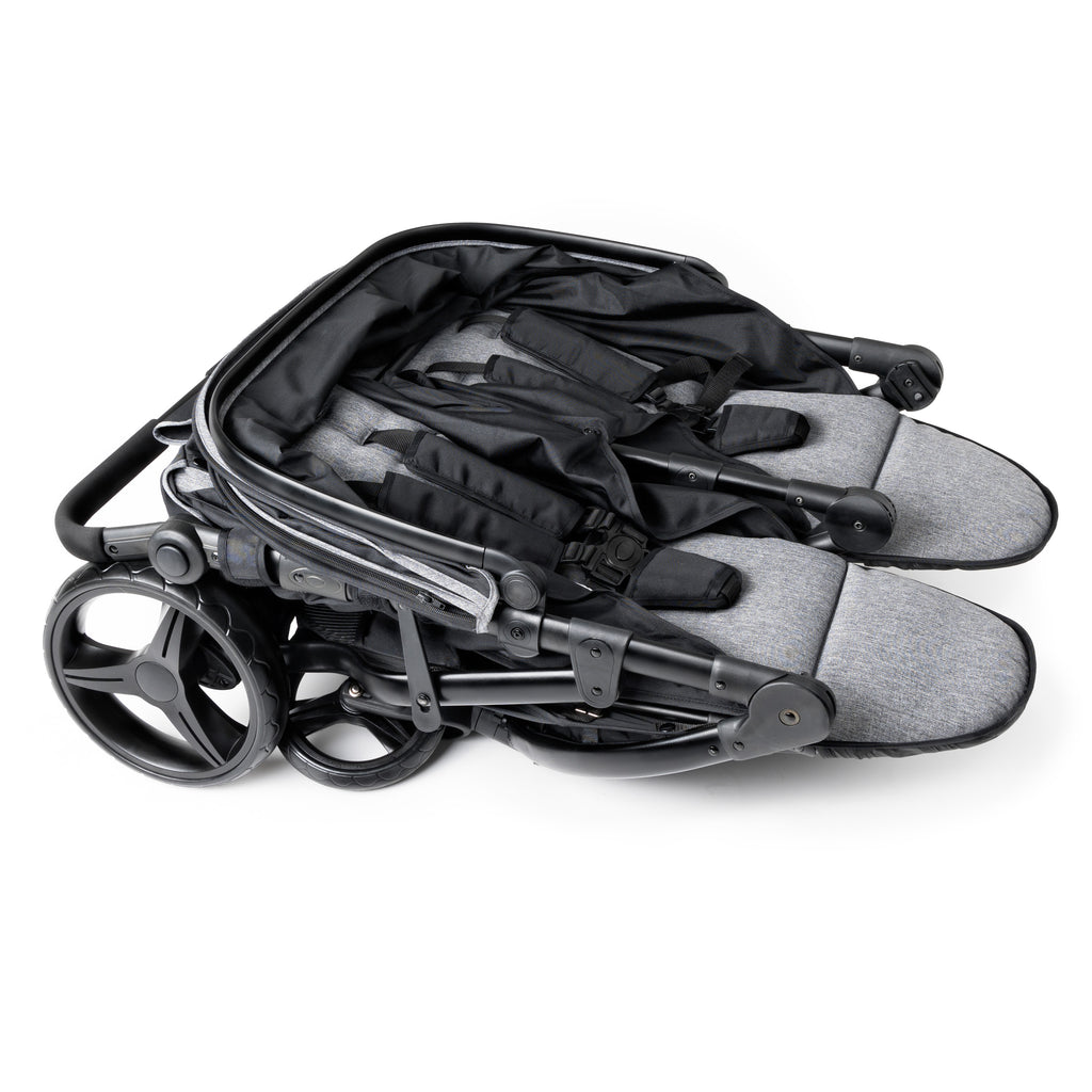 Folded double black and gray stroller 