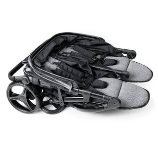 Folded double black and gray stroller 