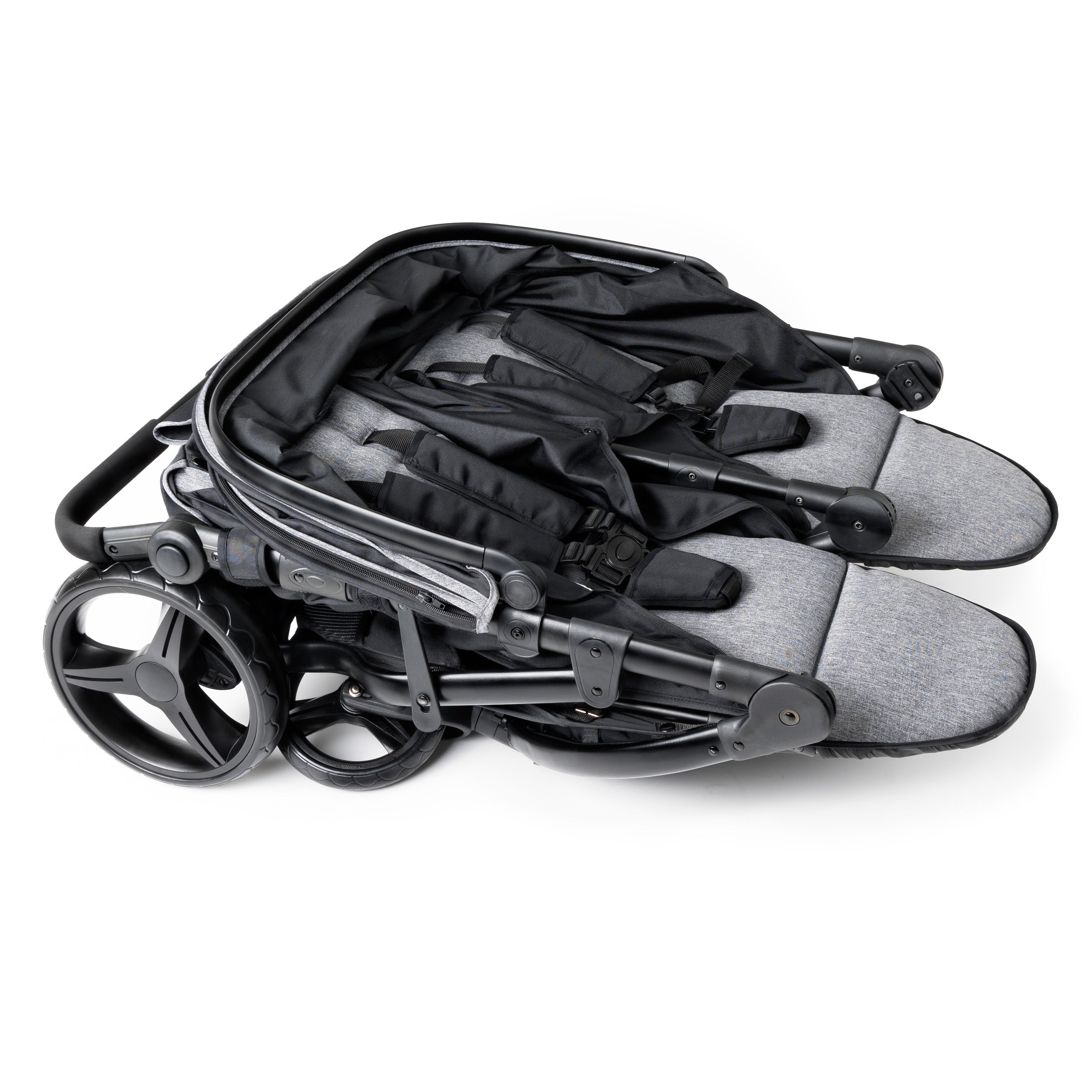 Folded double black and gray stroller 