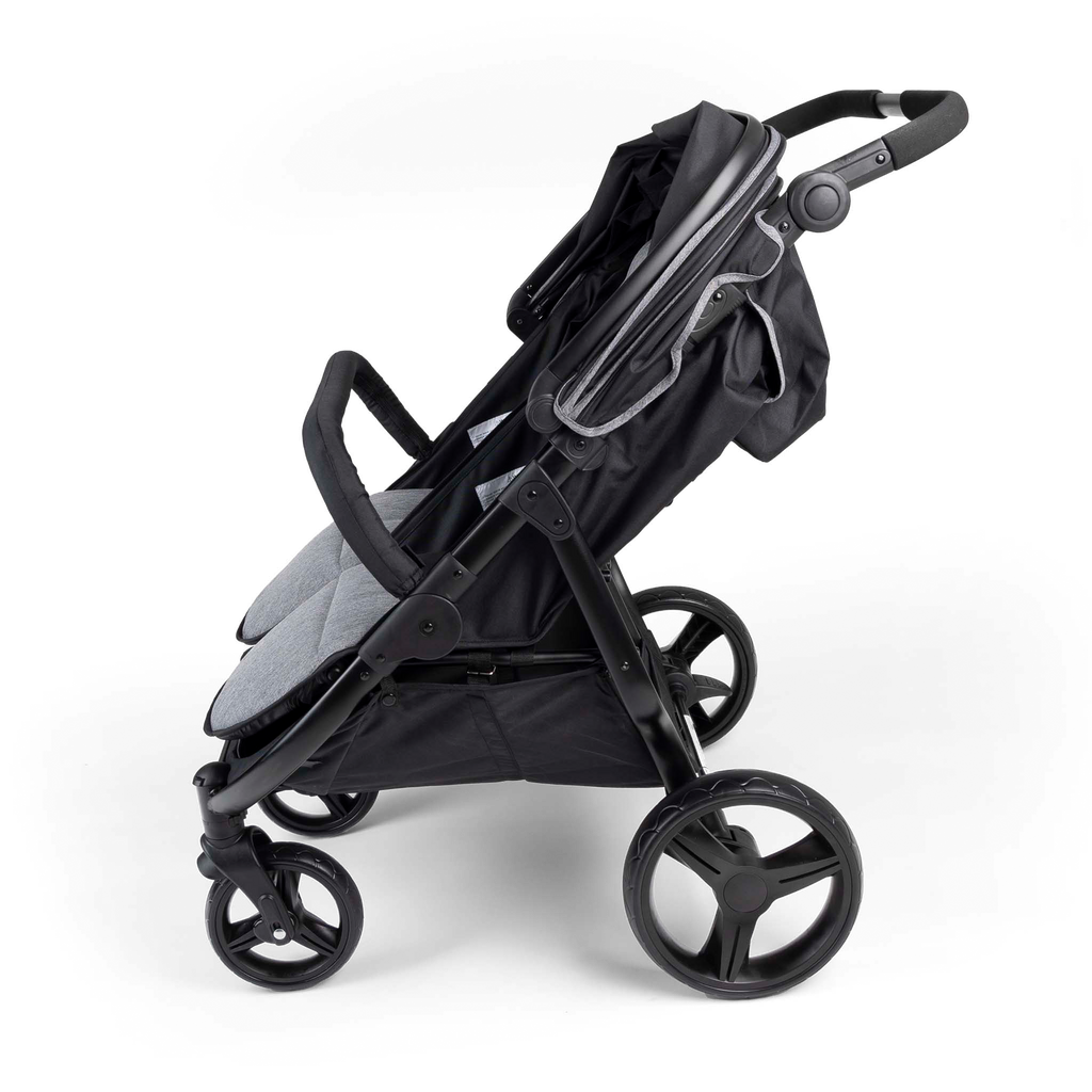 Black double stroller side view with canopy up