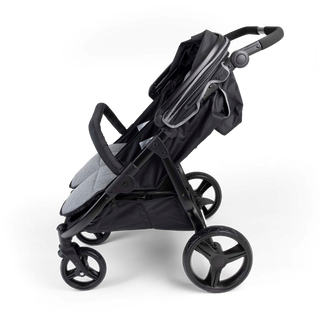 Black double stroller side view with canopy up